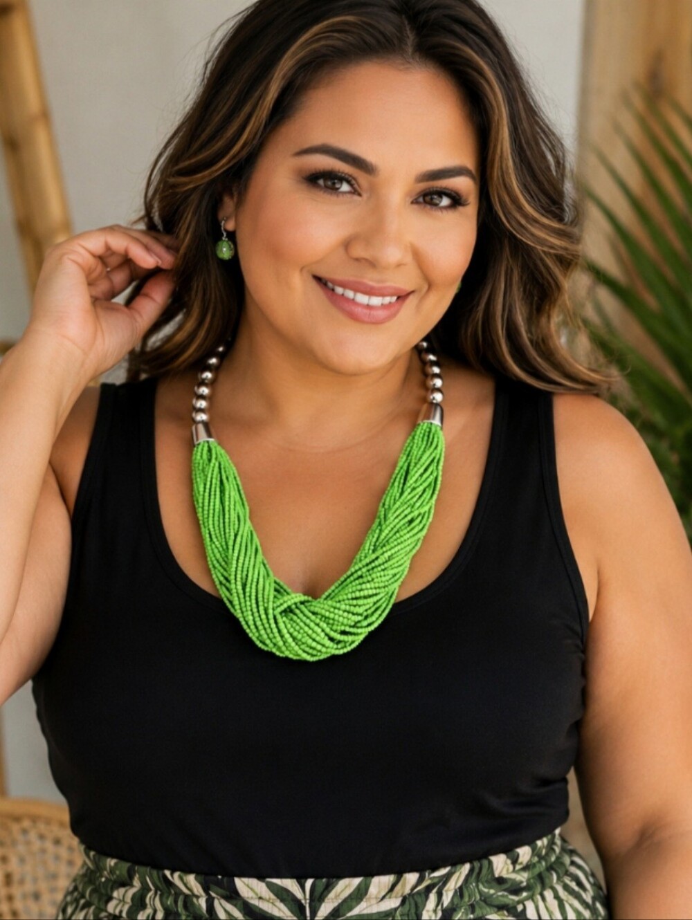 Lime Green Multi Strand Seed Bead Statement Necklace 18" Silver Tone